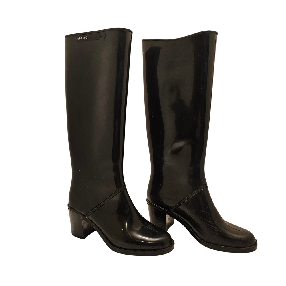 Marc Jacobs Black Glossy Heeled Rain Boots Tall Knee High Made in Italy Size 36